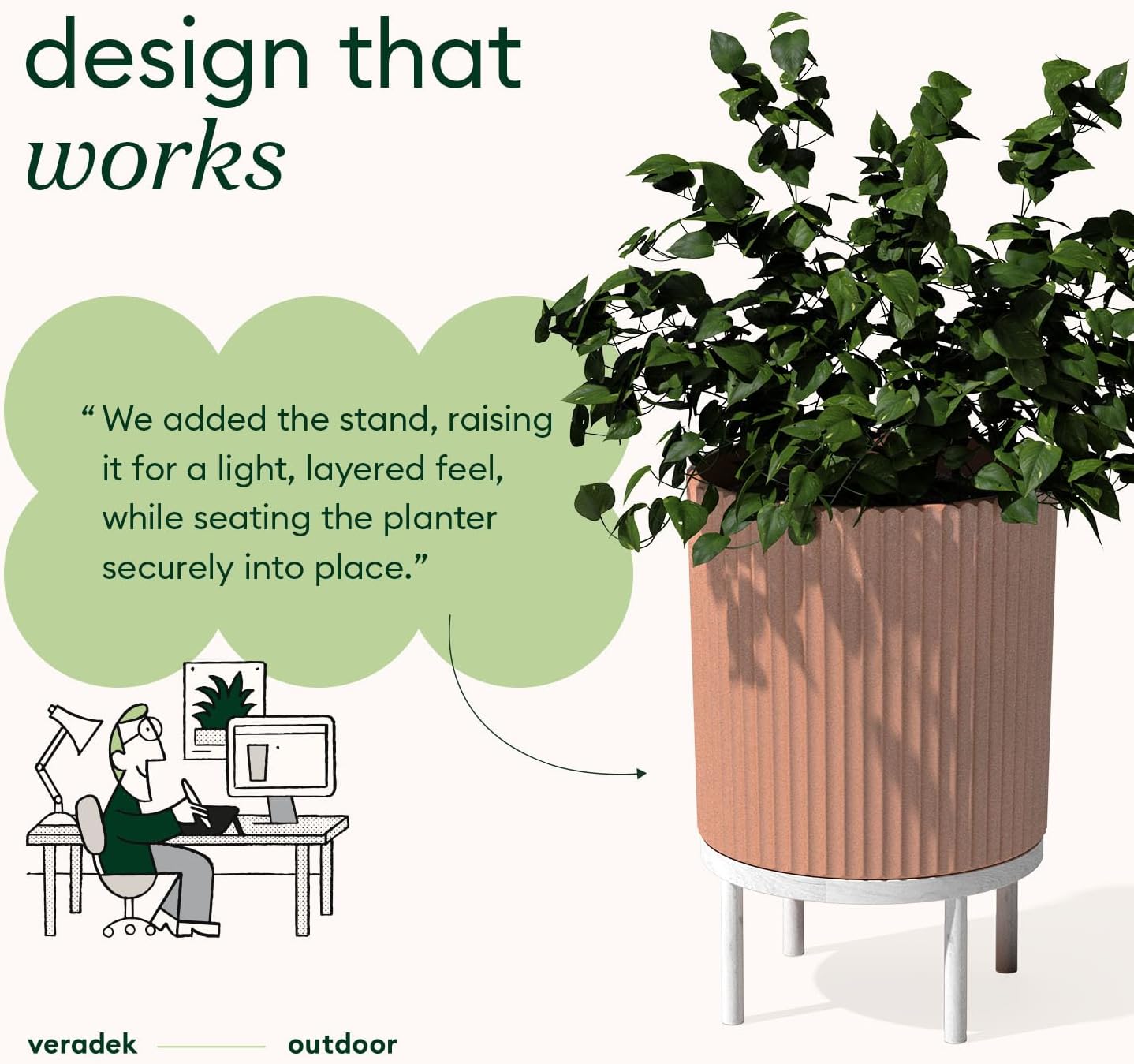 Veradek Demi Series Round Planter w/ Stand for Porch/Patio | Durable Plastic-Concrete & Wooden Stand | Modern Décor for Tall Plants, Flowers