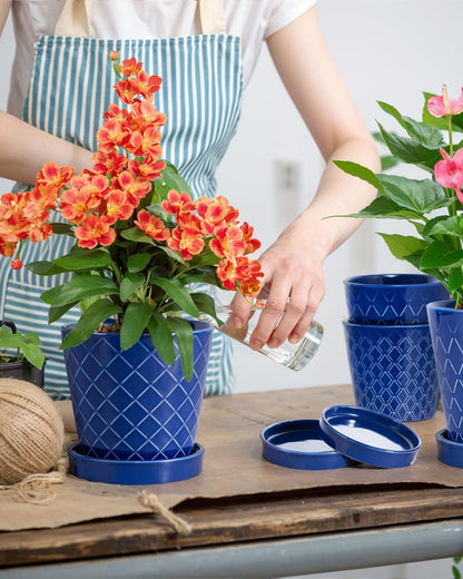 BUYMAX Plant Pots Indoor –5 inch Ceramic Flower Pot with Drainage Hole and Ceramic Tray - Gardening Home Desktop Office Windowsill Decoration Gift, Set of 4-Plants NOT Included (Patina)