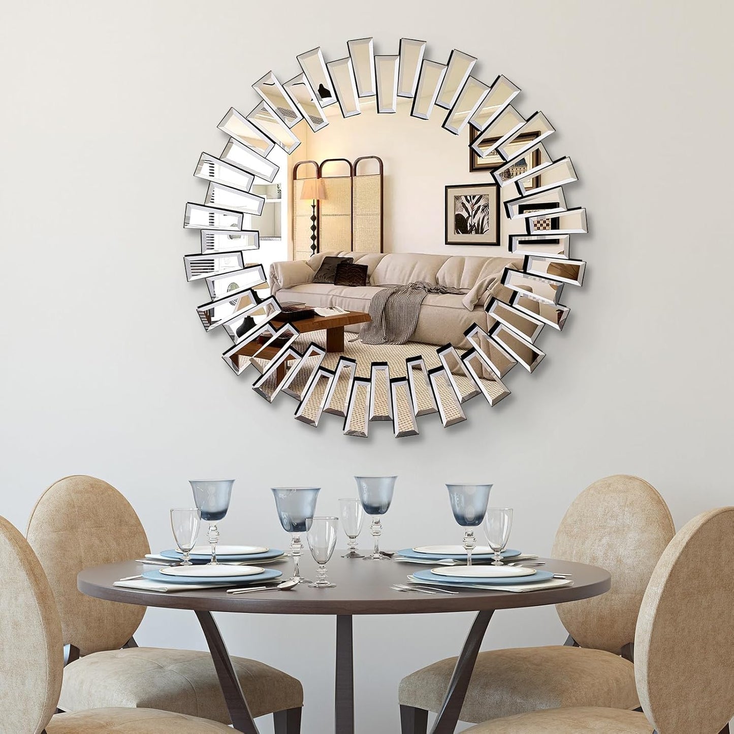 QDSSDECO Round Mirror Sunburst Wall Mirror 24" Beveled Edge Frameless for Living Room Bathroom Bedroom Entryway Decor
