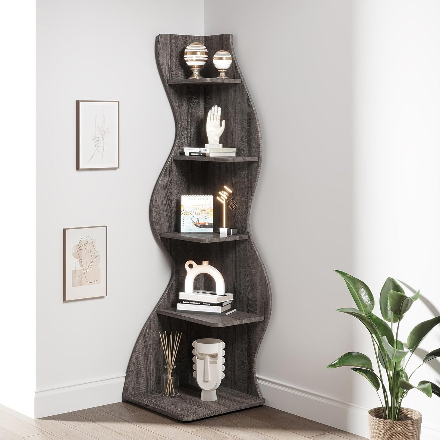 Tribesigns Corner Shelf, Modern 5-Tier Wall Corner Bookshelf, Stylish Corner Small Bookcase Storage Rack Plant Stand with Unique Shape for Living Room, Home Office (White, 1PC)