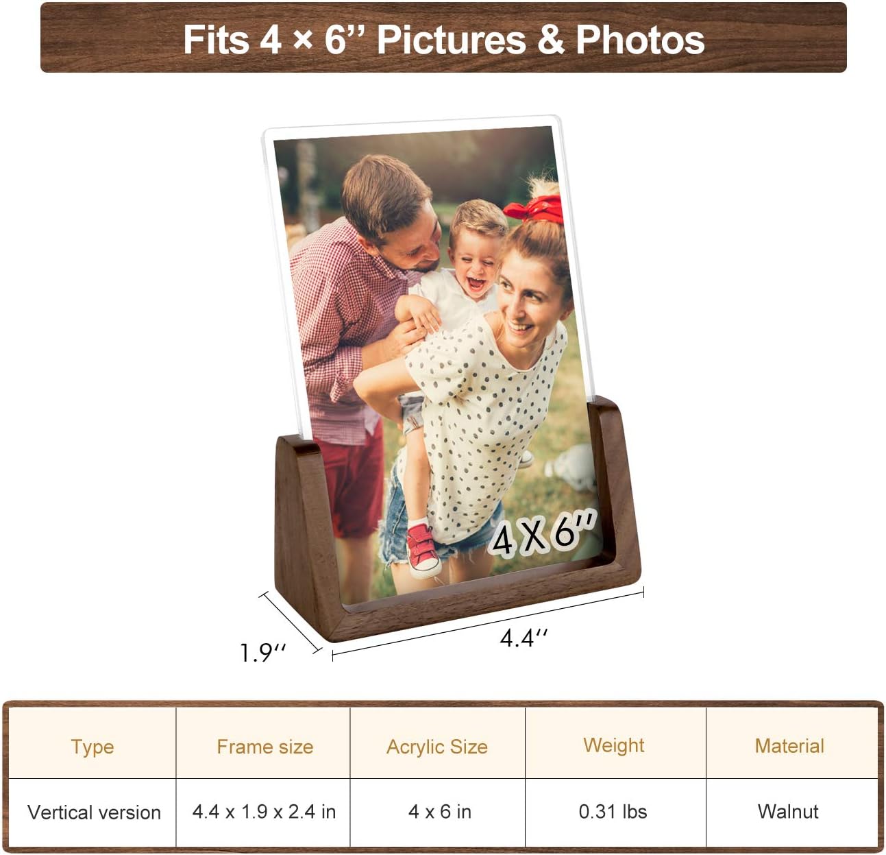 Mixoo 4x6 Picture Frame 2 Pack - Rustic Wooden Picture Frames with Walnut Wood Base and High Definition Break Free Acrylic Photo Covers for Desk Tabletop Display Graduation Gifts Teacher Appreciation Gifts (Horizontal + Vertical)