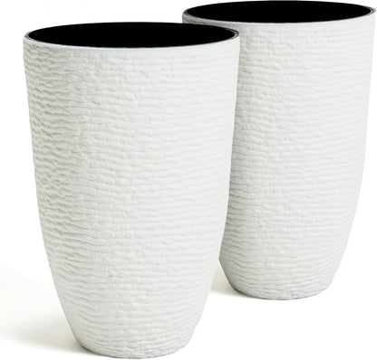 Worth 9 Gallon Tall Round Planters Set of 2-14" Dia x 21" H Stone Finish Flower Pots Indoor Decorative Container Garden Patio Unbreakable Beige