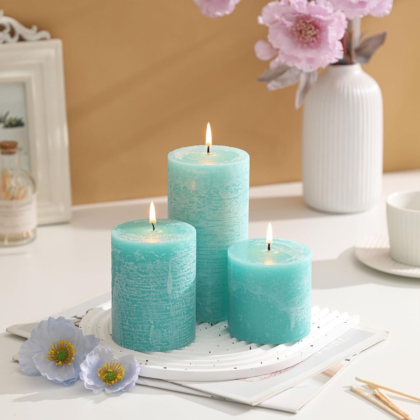 3x6 Inch Sage Green Pillar Candles Set of 3 - Unscented Spring, Long Clean Burning, Large Smokeless Dripless for Home Decor, Dinner Table, Bathroom, Rustic Decor
