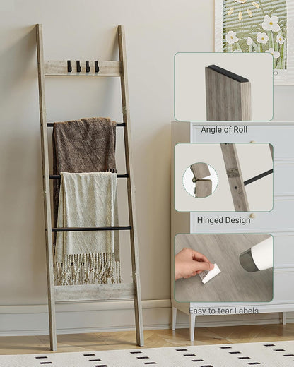 Hzuaneri Blanket Ladder for Living Room, Decorative Quilt Rack with 4 Removable Hooks, 5-Tier Farmhouse Ladder Holder Shelf Organizer for Bedroom, Rustic Brown and Black 02101BBR