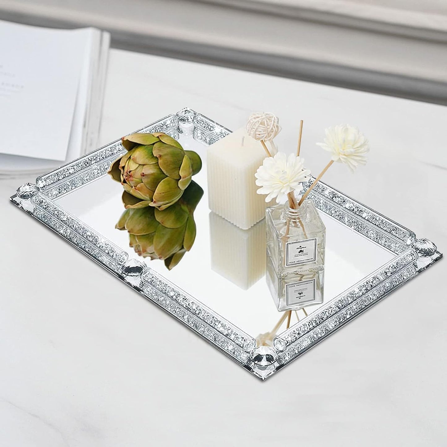 Crystal Glass Tray, Modern Mirror Jewelry Dresser Trinket Trays with Crushed Diamond, 11.8" x 7.9"Rectangular Makeup Perfume Tray for Bathroom Bedroom, Home Decor, Hotel Banquet, Party(Silver)