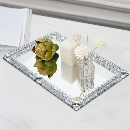 Crystal Glass Tray, Modern Mirror Jewelry Dresser Trinket Trays with Crushed Diamond, 11.8" x 7.9"Rectangular Makeup Perfume Tray for Bathroom Bedroom, Home Decor, Hotel Banquet, Party(Silver)