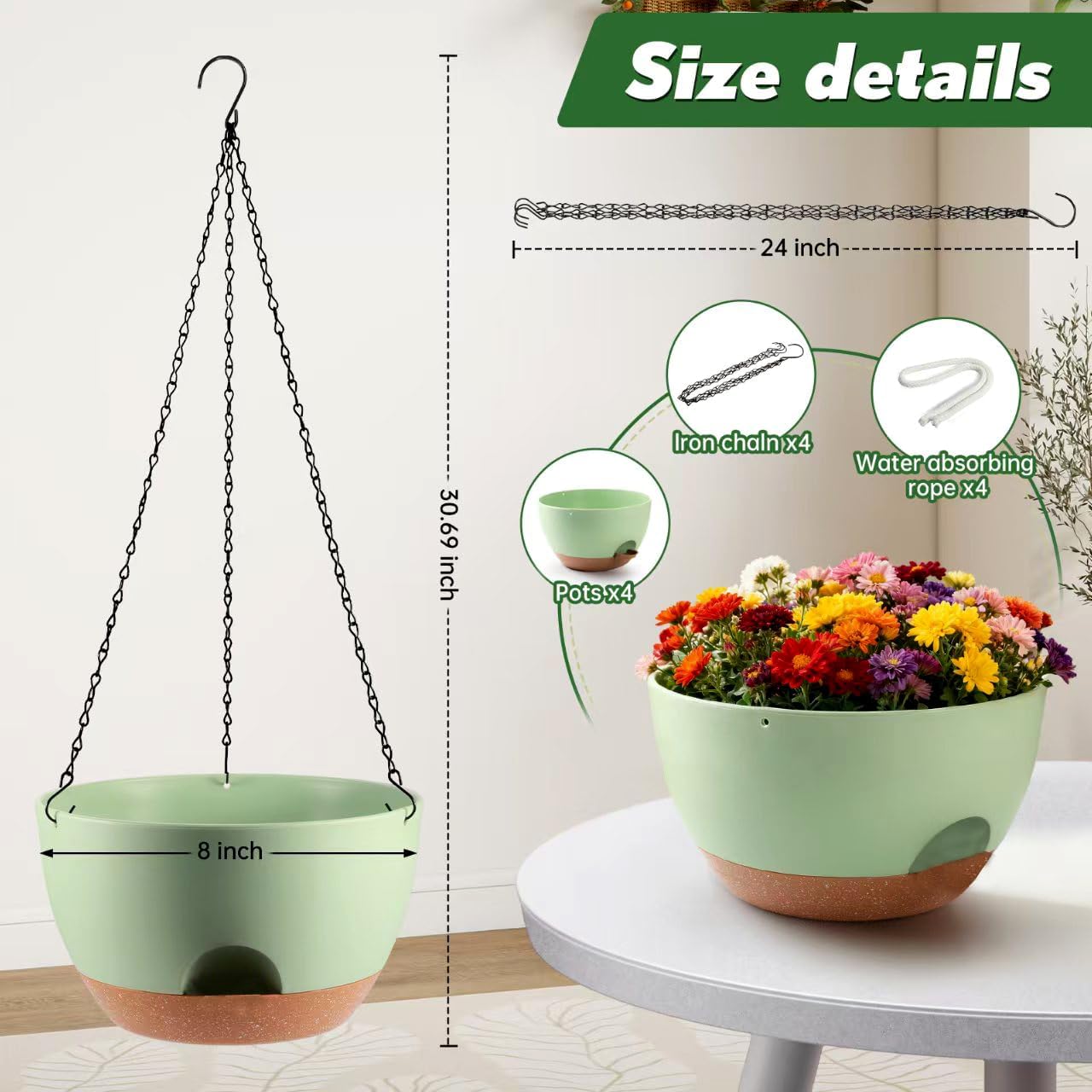 3-Piece Set of 10-Inch Hanging Planters with Automatic Watering System and Drip Tray, Includes Metal Chain, Suitable for Various Indoor and Outdoor Plants and Flowers, Green Brown