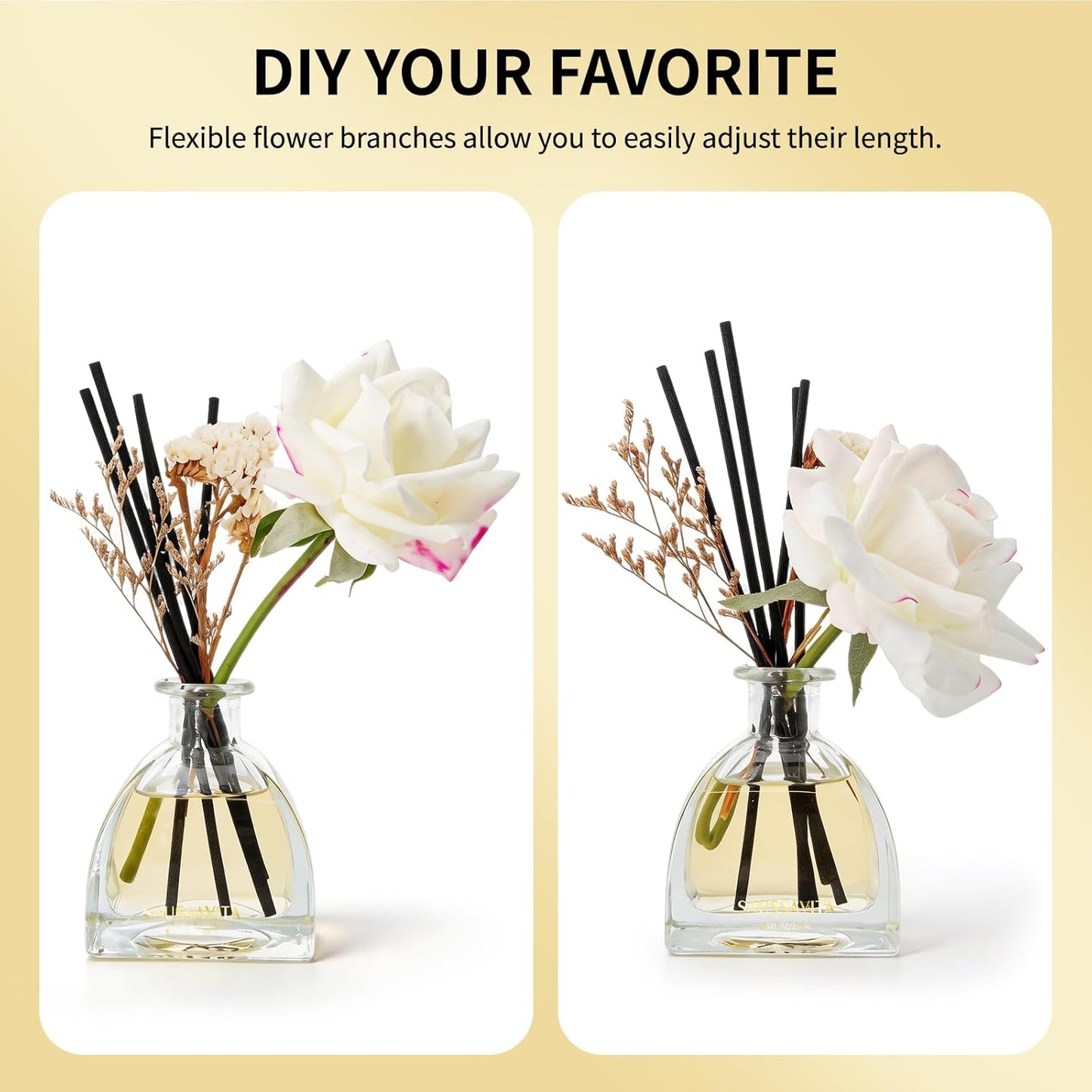 Reed Diffusers Set Flower Scented Diffuser for 140 Days, Flower Diffuser 8.5 fl oz with Dried Flowers and Decorative Rose, Long Lasting Home Fragrance with 10 Sticks for Bathroom, Shelf, Office Decor