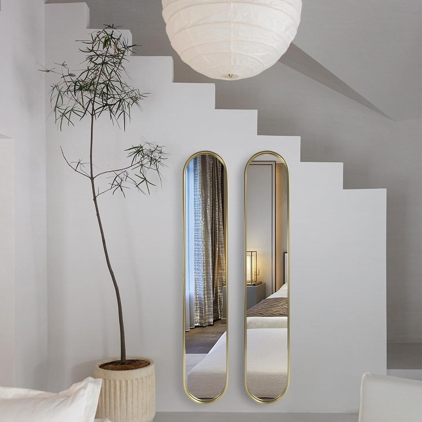 OUSHUAI Gold Tall Mirror,Narrow Capsule Long Mirrors with Metal Frame for Entryway,Hallway,Living Room 44"X8" (3pcs)