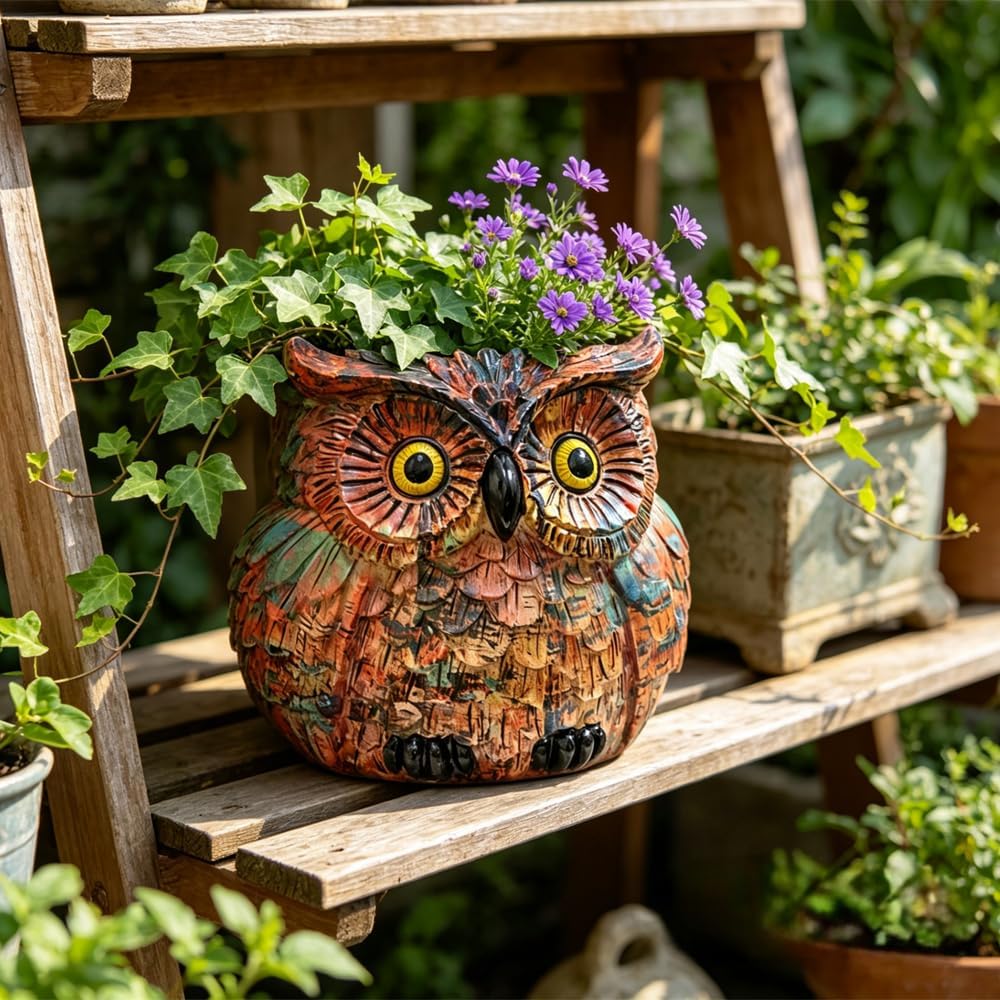 Owl Planter, Owl Succulent Pots, Funny Plant Pots Indoor/Outdoor, Decorative Garden Flower Pot, Cute Small Planters for office Home Decor, Unique Statue Figurine Gifts for Women Mother Teacher Red