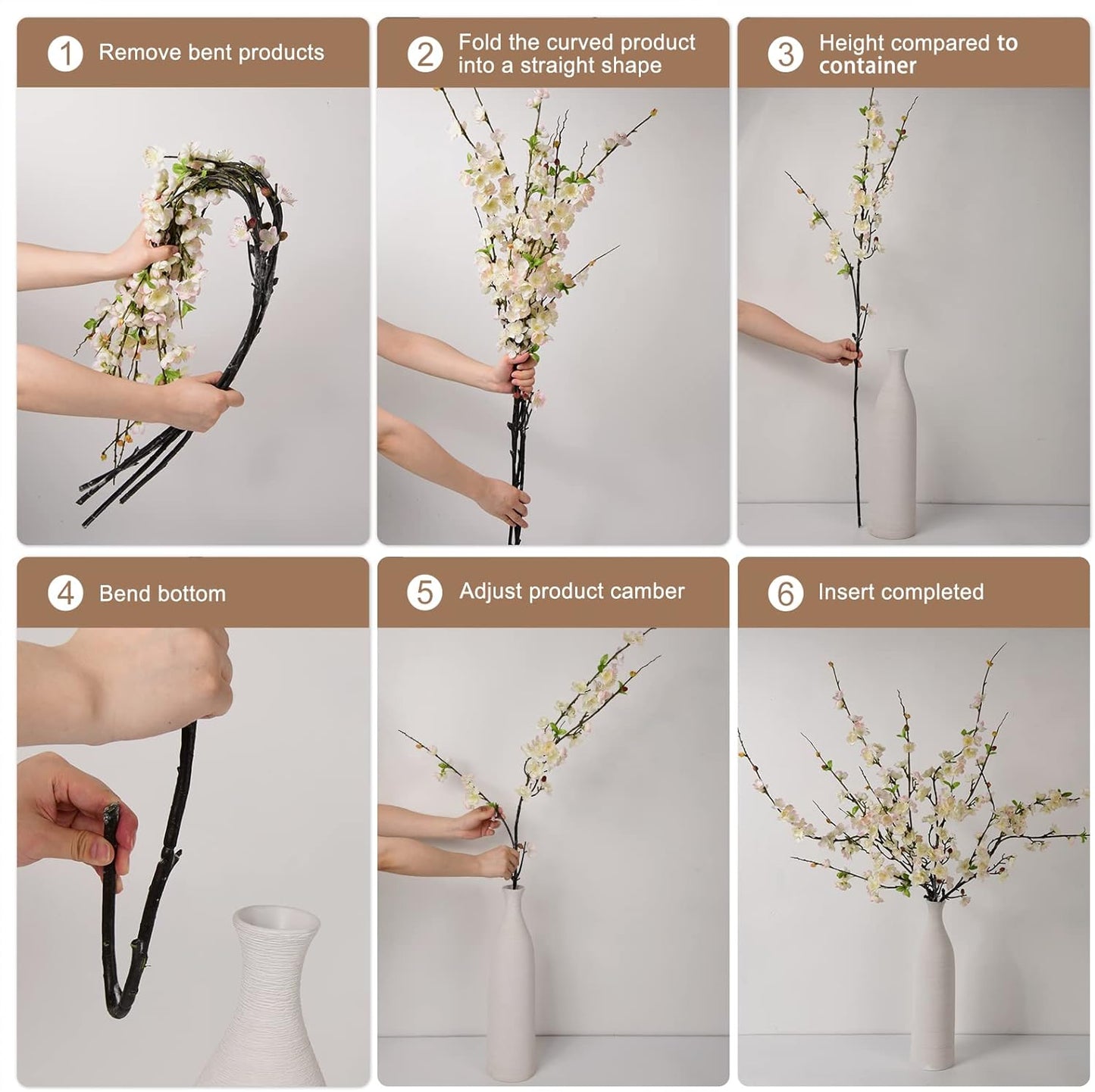 florisso 6 PCS Artificial Cherry Blossom Branches Spring Indoor Decoration, Faux Flowers 34.45" Long Stems Plum Fake Peach Plants Real Touch Silk for Wedding Home Bedroom Party Table Office, White