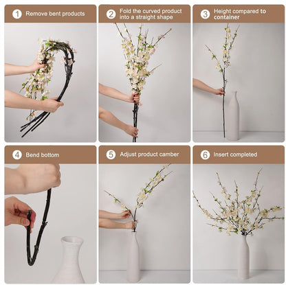 florisso 6 PCS Artificial Cherry Blossom Branches Spring Indoor Decoration, Faux Flowers 34.45" Long Stems Plum Fake Peach Plants Real Touch Silk for Wedding Home Bedroom Party Table Office, White