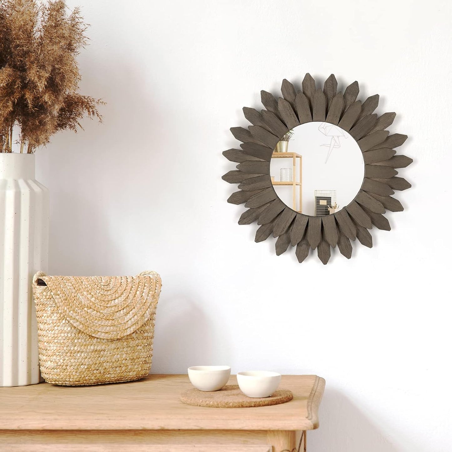 Honiway Wall Mirror Decorative 12 inch Rustic Wood Mirror Sunburst Boho Mirror for Entryway Bedroom Living Room Bathroom House Warming Gifts New Home Essential Carbonized Black