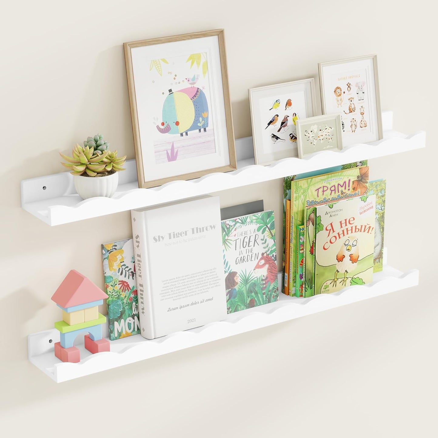 Fun Memories Picture Ledge Shelf for Wall, 24 inch Pine Wood Nursery Book Shelves Set of 2- Wall Book Shelves for Kids Room, Home Decor - Kitchen Spice-White