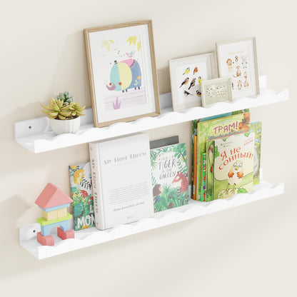 Fun Memories Picture Ledge Shelf for Wall, 24 inch Pine Wood Nursery Book Shelves Set of 2- Wall Book Shelves for Kids Room, Home Decor - Kitchen Spice-White