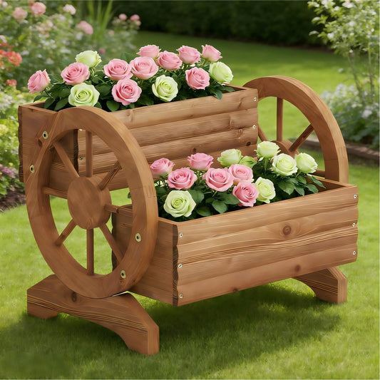 Wooden Wagon Planter Outdoor Flower Cart with Wheels Garden Planter, Decor Planter for Patio Balcony Decoration Succulent Flower Pot for Indoor Backyard Yard Decor Planters (Brown, Medium)