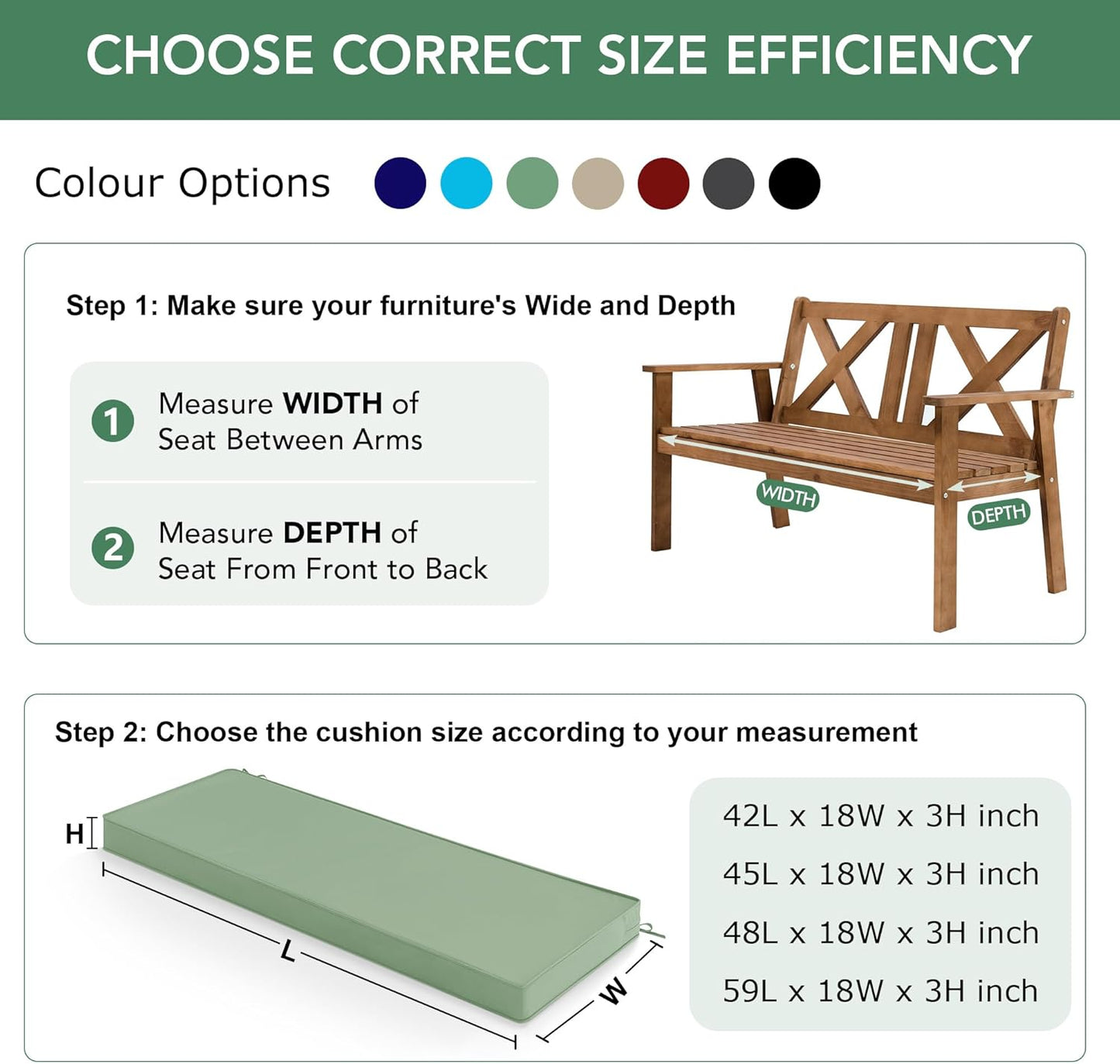 Summsun Outdoor Bench Cushion: Waterproof and Fade Resistant Patio Furniture Cushions - Non-Slip Bench Pad Cushion with Removable Cover for Garden Swing Porch Sofa Settee, 48 x 18 x 3 Inch, Black