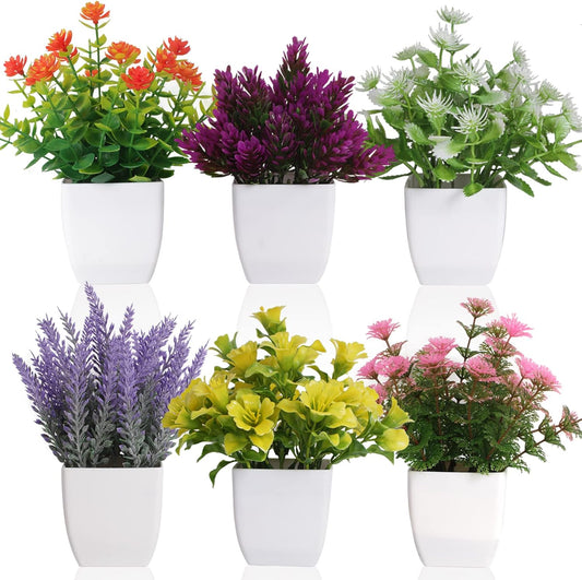 Yoratee Artificial Small Plant 6pcs Fake Flower Potted Plant Bathroom Faux Plant for Indoor Decor Window Tabletop Office Colorful Flower
