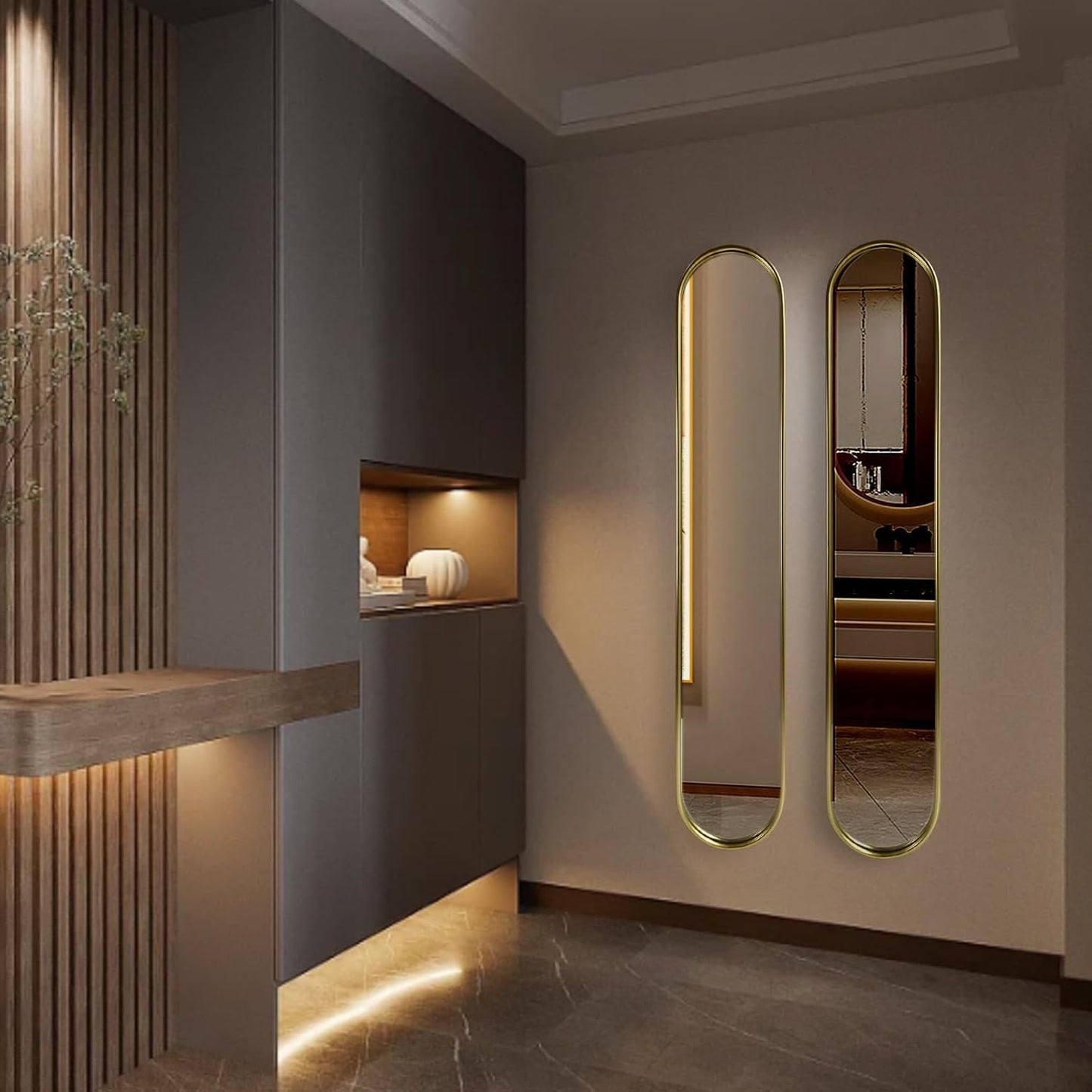 OUSHUAI Gold Tall Mirror,Narrow Capsule Long Mirrors with Metal Frame for Entryway,Hallway,Living Room 44"X8" (3pcs)