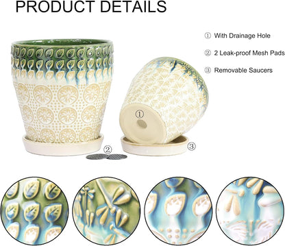 6 Inch Ceramic Planter Pots with Drainage Holes, Saucers and Mesh Pads for Indoor-Outdoor Plants, Succulent Orchid Flower Large Round Plant Pot, Set of 2 (Green+White)