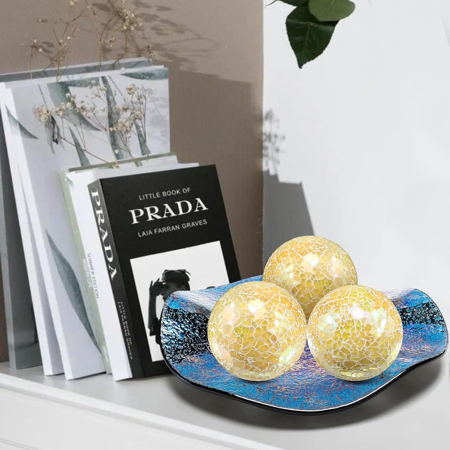 3Pcs Mosaic Glass Orbs Decorative Balls Set 8.5cm/3.35inch Blue Sphere Wedding Party Home Decor Table Centerpiece