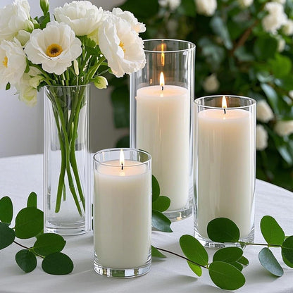 36 PCS Ivory White Pillar Candles with Glass Candle Holders Clear Hurricane Candle Holders Glass Cylinder Vases for Centerpieces Wedding Party, Event, Home Office (18 Candles+18 Candle Hoders)