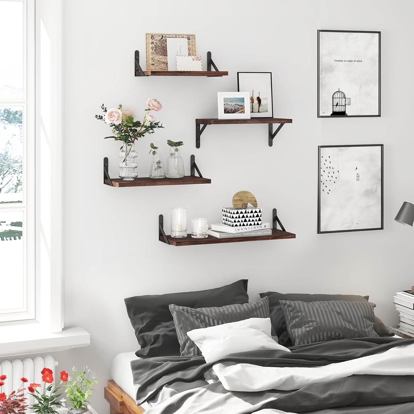 YGEOMER Floating Shelves for Wall, Different Sizes Dark Carbonized Brown Wall Shelves for Living Room, Bathroom, Bedroom, Kitchen, Home Decor (Set of 4)