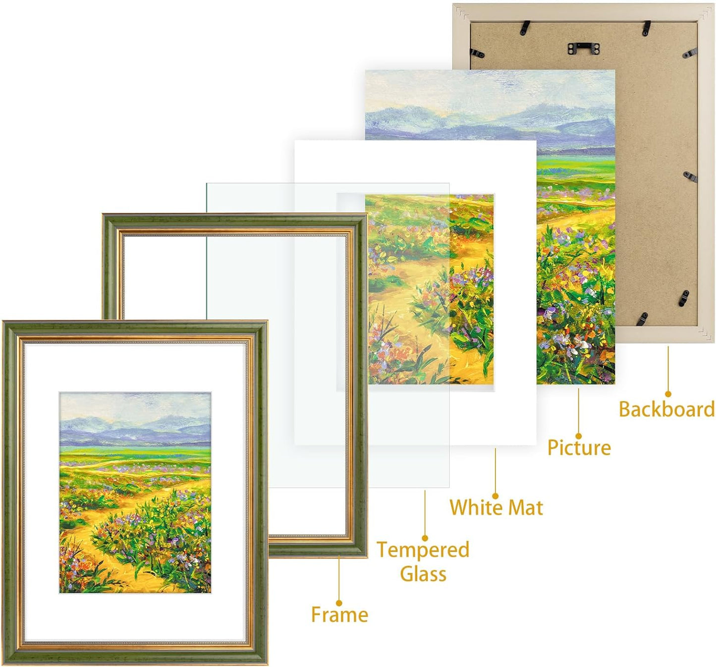 Golden State Art,11x14 Ornate Picture Frame for 8x10 Photo with Mat or 11 x 14 Prints without Mat,Real Glass Wall Display(Color:Green Gold)