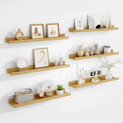 Acovy Picture Ledge Shelf Set of 6, 48 inch Long Large Floating Shelves for Wall with Lip, Wall Mounted Shelves for Living Room, Bedroom, Bathroom, Kitchen, Nursery,Oak