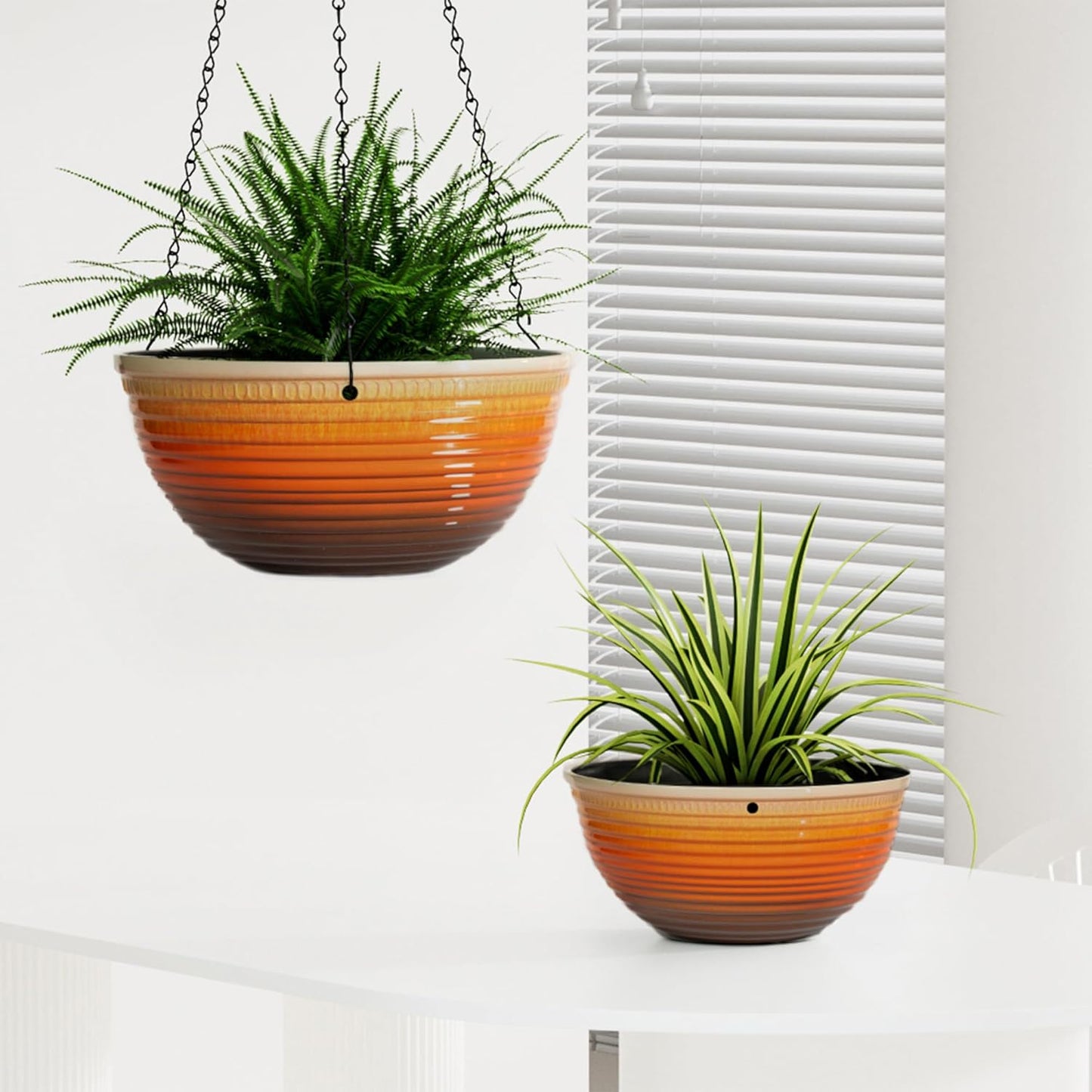 Vanslogreen 2 Pack Hanging Planters for Indoor Outdoor Plants, 10 Inch Hanging Planter with Drainage Hole & Plug Glazed Hanging Baskets Flower Pots for Garden Home (Blue)