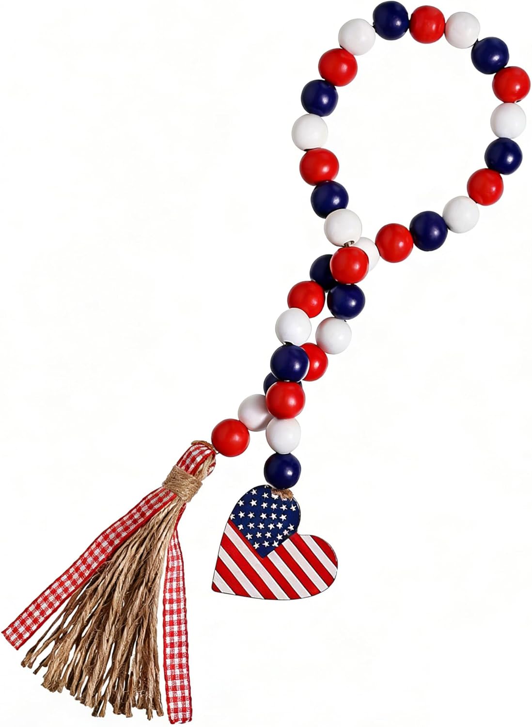 Wood Bead Garland with American Flag and Rustic Tassels, Farmhouse Wall Hanging Prayer Beads Patriotic American Independence Day 4th of July Ornaments for Home Decor