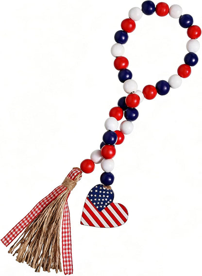 Wood Bead Garland with American Flag and Rustic Tassels, Farmhouse Wall Hanging Prayer Beads Patriotic American Independence Day 4th of July Ornaments for Home Decor