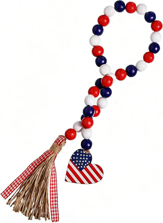 Wood Bead Garland with American Flag and Rustic Tassels, Farmhouse Wall Hanging Prayer Beads Patriotic American Independence Day 4th of July Ornaments for Home Decor