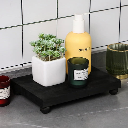Amyhill Wood Pedestal Stand Kitchen Soap Tray Farmhouse Wooden Riser Stand for Kitchen Bathroom Counter Table Decor Plant Candle Vases Display(Classic,Black,12 x 7 Inch)
