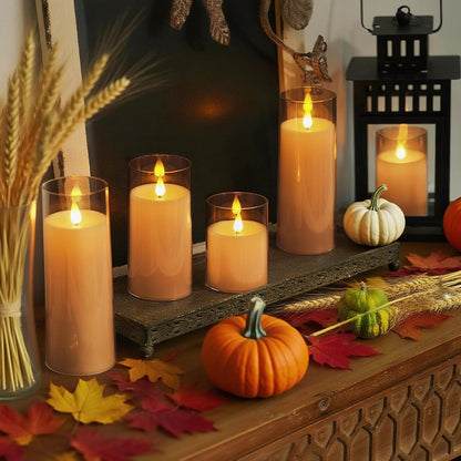 Homemory Gray Flickering Flameless Candles, Battery Operated Acrylic LED Pillar Candles with Remote Control and Timer, Halloween Decor, Set of 5