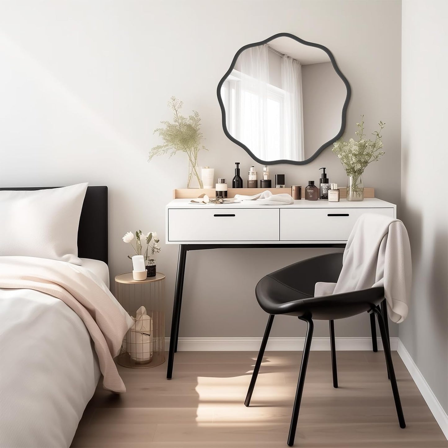 WallBeyond Round Wavy Mirror for Wall Decorative 24 inch, Modern Round Mirror Aluminum Frame for Bathroom Bedroom Living Room Home House Office Entryway, Gold