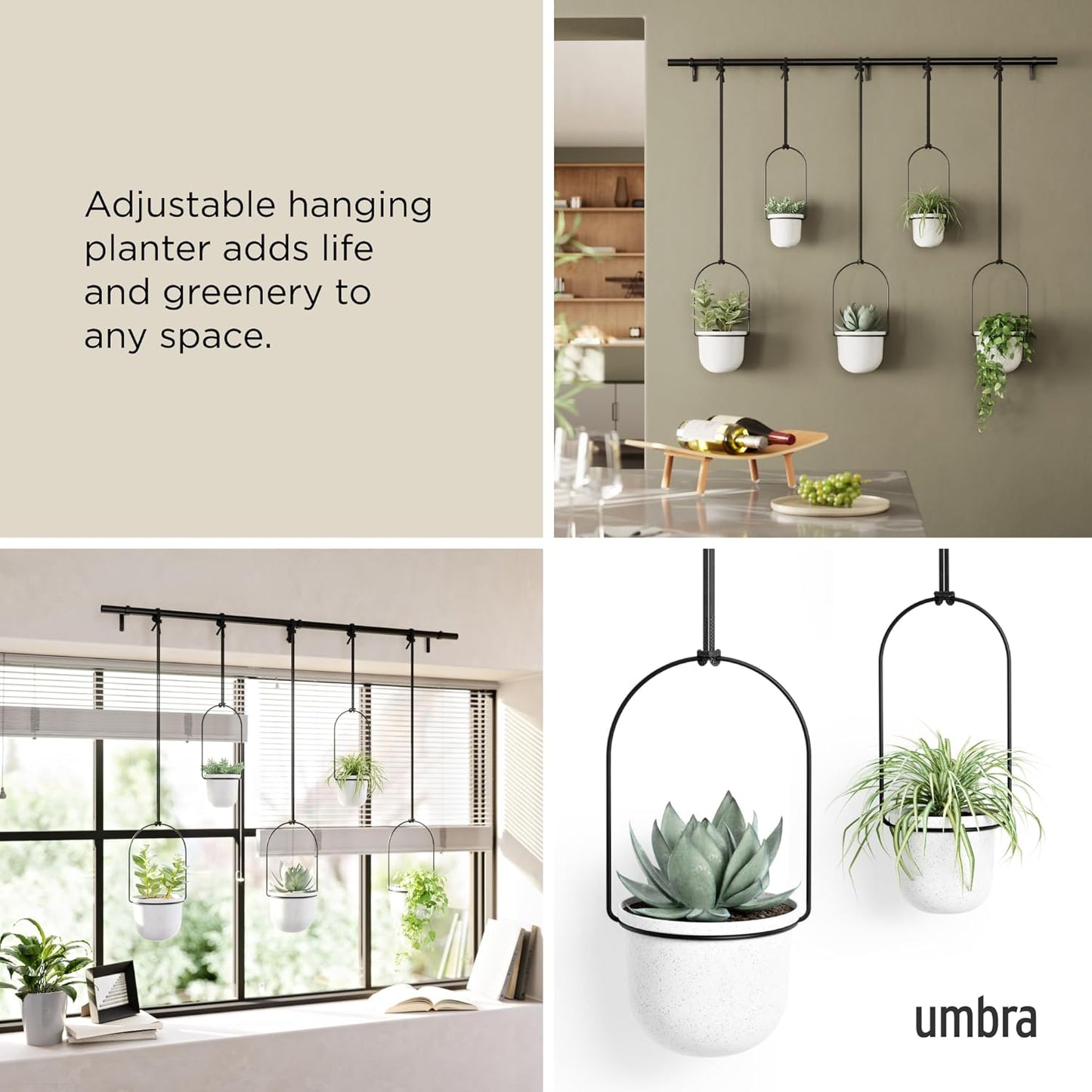 Umbra Triflora Hanging Planter for Window, Indoor Herb Garden, Set of 3, White/Black