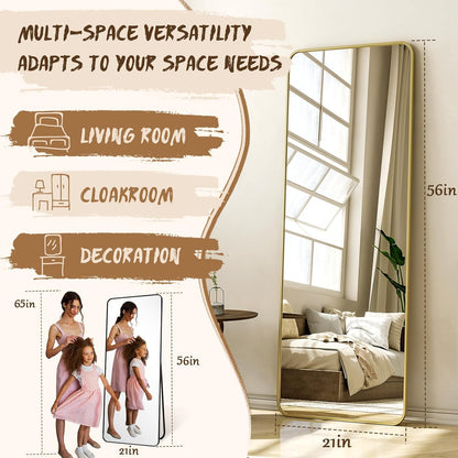 XRAMFY 56"x21" Floor Full Length Mirror Standing Full Body Rounded Corner Rectangle Mirrors with Stand Hanging Wall Mounted Leaning Bedroom Living Room Bedroom Cloakroom,Gold