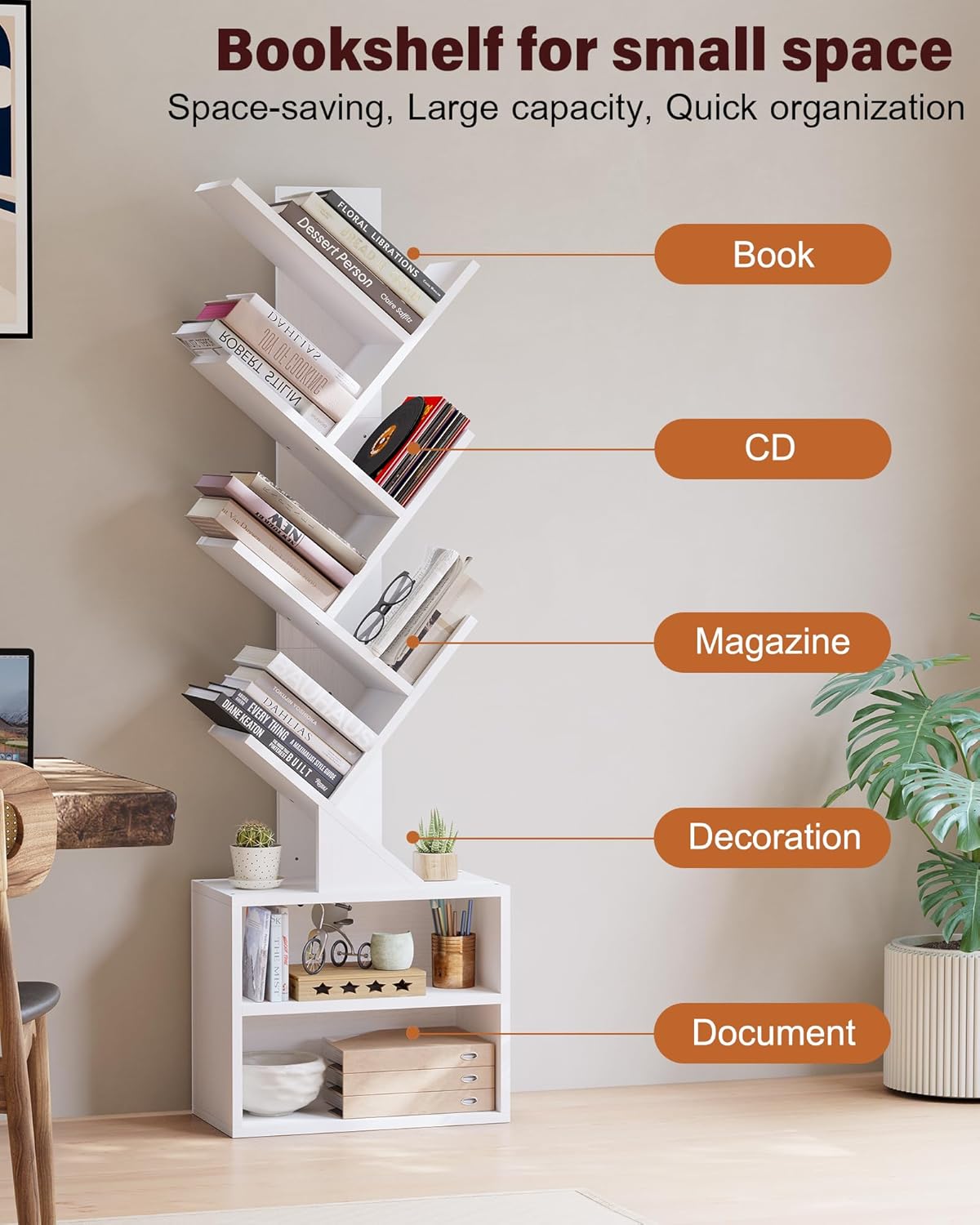 SUNMORY 6 Tier Tree Bookshelf, Small Bookcase with Storage Cabinet, Modern Tall Narrow Bookshelves Organizer, Floor Standing Book Shelf for Bedroom/Living Room/Home Office/Corner, Rustic Brown