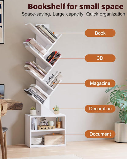 SUNMORY 6 Tier Tree Bookshelf, Small Bookcase with Storage Cabinet, Modern Tall Narrow Bookshelves Organizer, Floor Standing Book Shelf for Bedroom/Living Room/Home Office/Corner, Rustic Brown