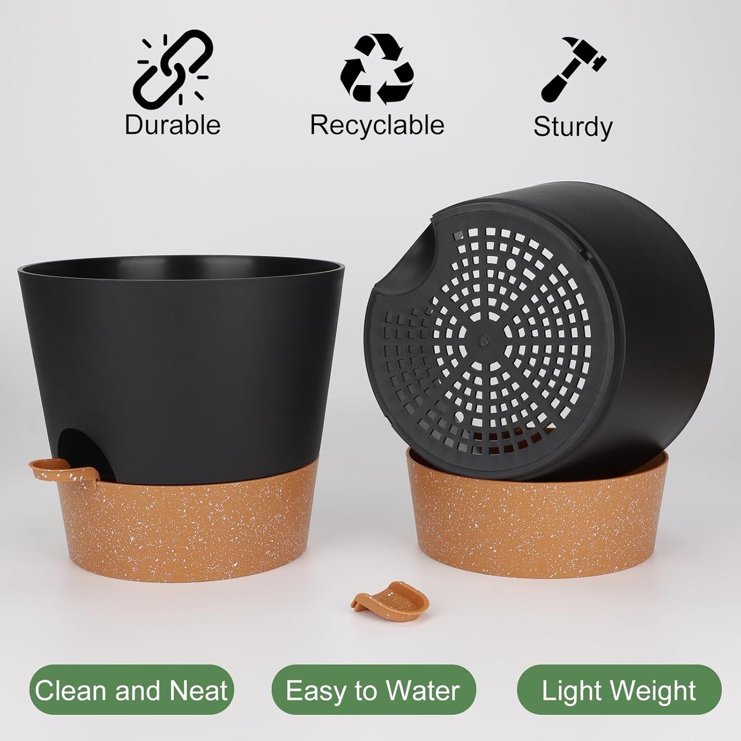 YNNICO Indoor Self Watering Planters with Drainage Holes and Saucers, 8, 7, 6.5, 6, 5.5, 5 Inches, Black, 6 Pots