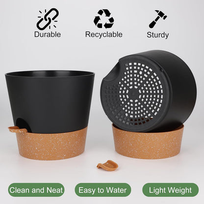 YNNICO Indoor Self Watering Planters with Drainage Holes and Saucers, 8, 7, 6.5, 6, 5.5, 5 Inches, Black, 6 Pots