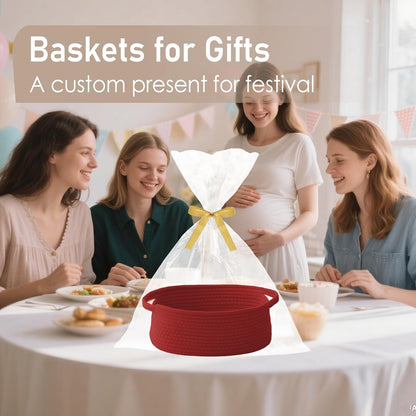 JMvicyroam Woven Basket,Small Rope Storage Bin with Handles & Ribbon Bag, Organizer for Shelves Closets,Gift Basket Empty for Birthday,Books,Dog Toys,White