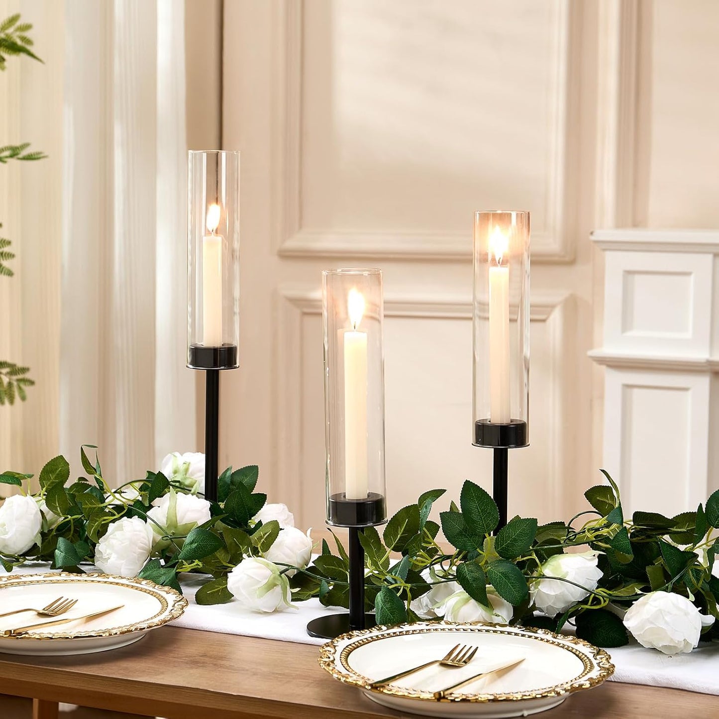 Gold Hurricane Candle Holders Set of 6, Tall Metal Windproof Glass Taper Candle Holder for Candlestick, Candle Sticks Decor, Table Centerpieces for Wedding, Candlelit Dinner Party Fireplace Decoration