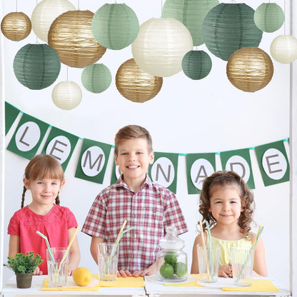 Paper Lanterns Decorative, Round Hanging Paper Lanterns Decorations for Rustic Party Bridal Shower Wedding Sage Green Birthday Party Supplies Gold/Ivory/Sage Green 15pcs