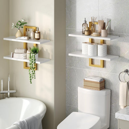 HOOBRO Floating Shelves, 15 Inch Wall Shelf Set of 2, Wall Mounted Storage Shelves 2-Tier, Hanging Bathroom Shelves, for Living Room, Bedroom, Bathroom, Kitchen, Rustic Brown and Black BF32BJ01G1