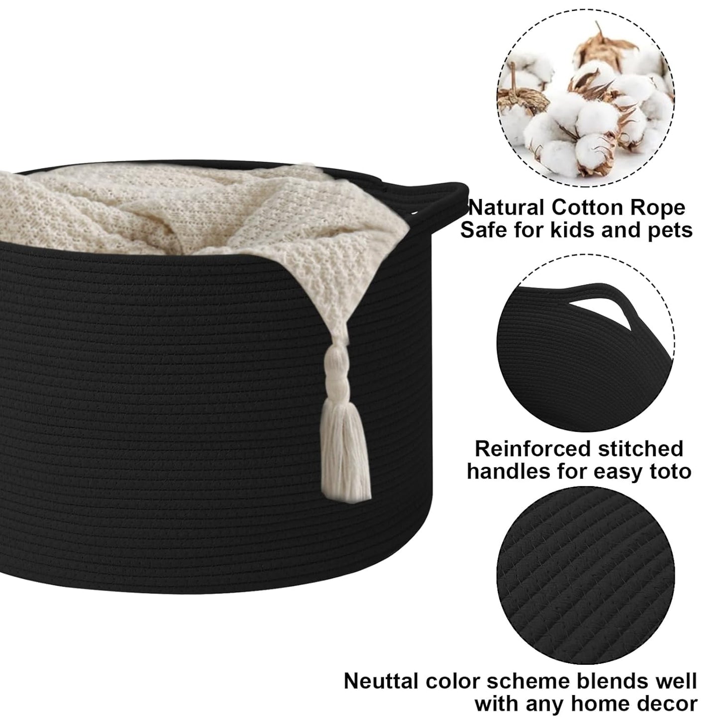 Large Woven Blanket Basket,65L Cotton Rope Laundry Basket Hamper with Handles, Decorative Nursery Basket Storage Bin for Toys, Clothes Organizer, Living Room, Bedroom, Bathroom, White & Brown