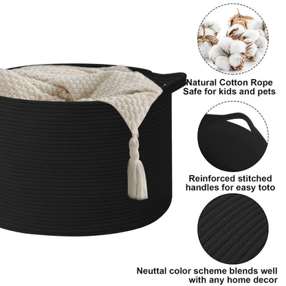 Large Woven Blanket Basket,65L Cotton Rope Laundry Basket Hamper with Handles, Decorative Nursery Basket Storage Bin for Toys, Clothes Organizer, Living Room, Bedroom, Bathroom, White & Brown