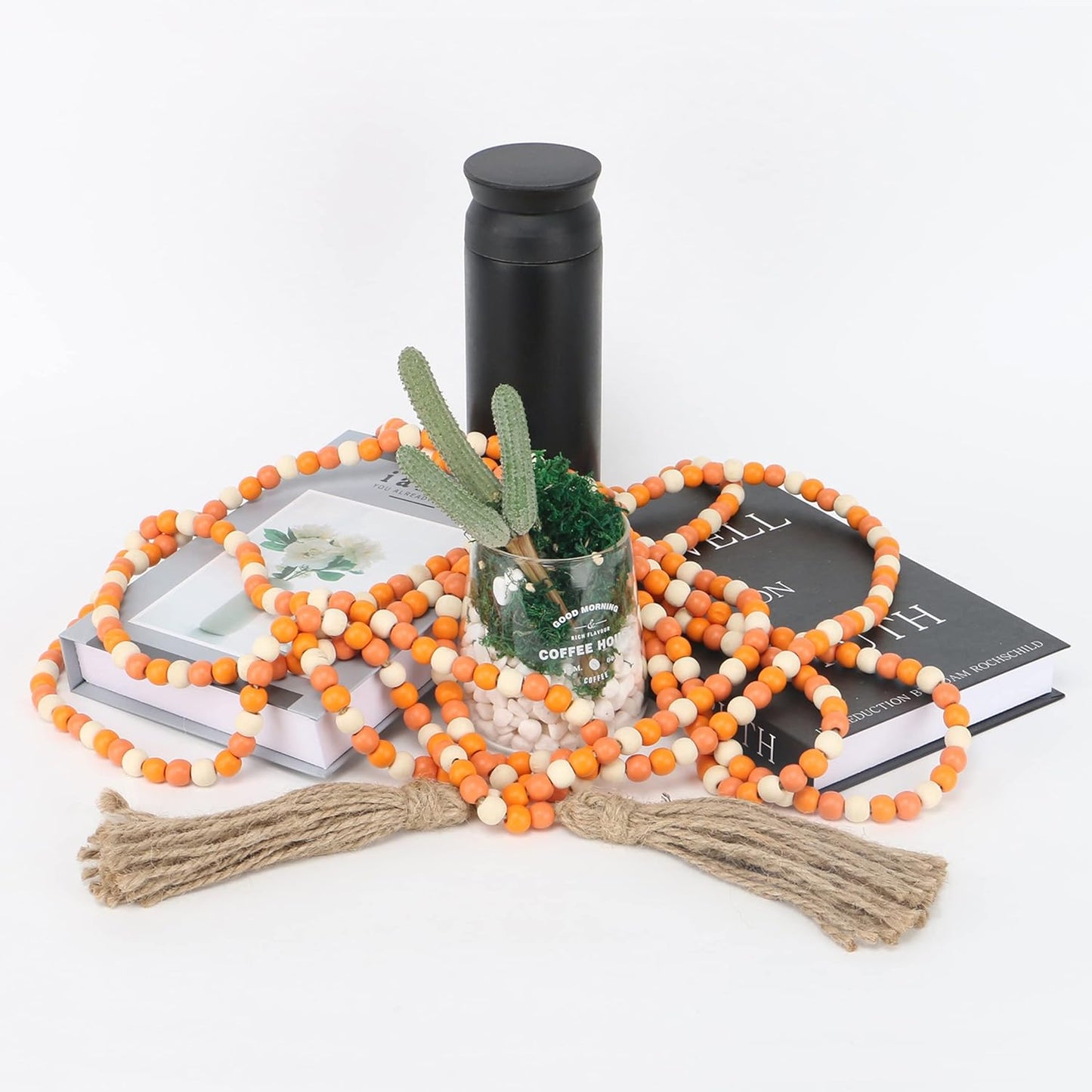 CVHOMEDECO. 16 Feet Wood Beads Garland with Tassels Farmhouse Rustic Wooden Decorative Bead String Wall Hanging Accent for Home Festival Decor. Orange