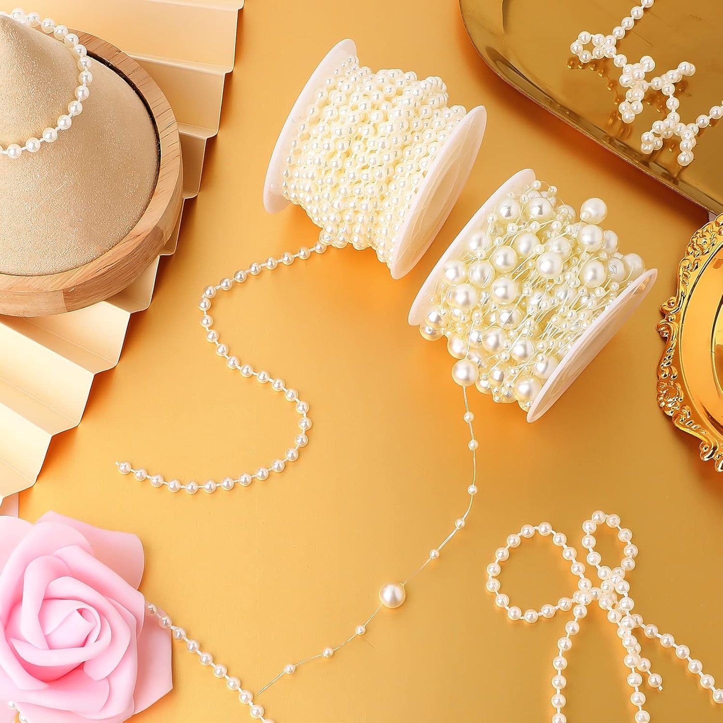 Bonuci 3 Rolls 66 Feet Pearls String Garland Faux Pearl Garland Spool Roll Strand Decoration Artificial Beads Chain Trim for Wedding Party Crafting Wedding Mother's Day Flower Decor(Ivory,4mm)